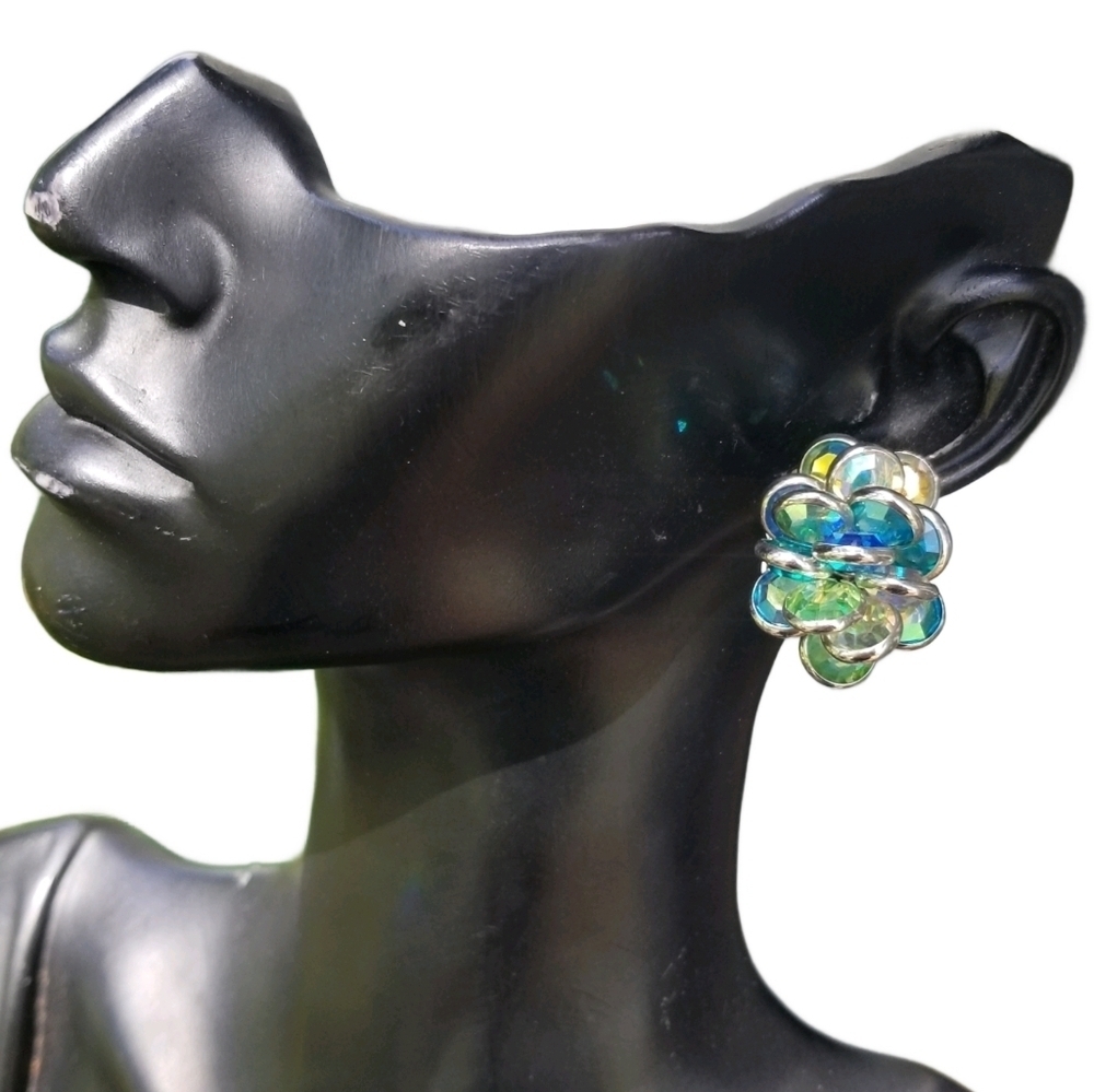 SWAROVSKI SAVVY COLLECTION 1980s BLUE/GREEN CRYSTAL BEZEL SET CLUSTER EARRINGS